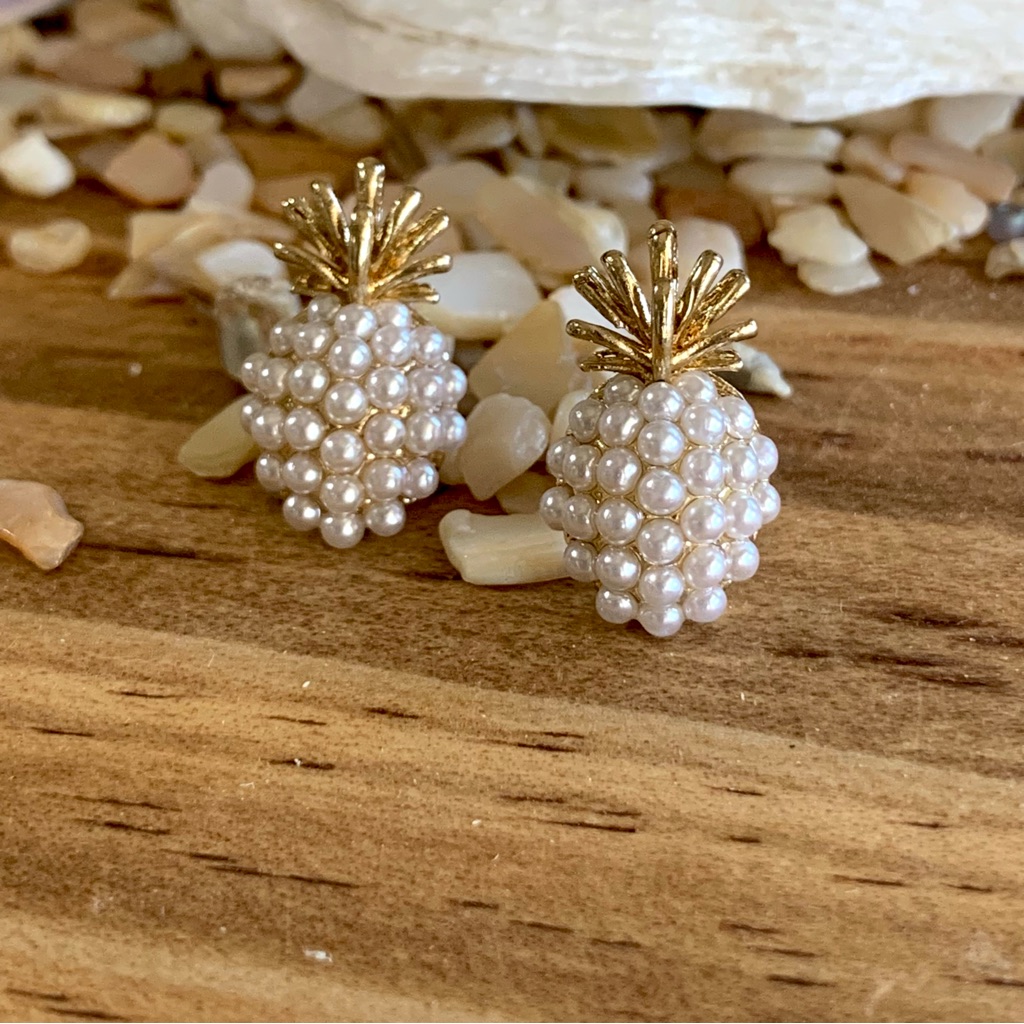 Tiny Pearl Gold Tone Pineapple Earrings